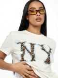 Women Round Neck Short-Sleeved Leopard Letter Print Summer T-Shirt