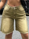 Women Brown Gradient Denim Shorts with Frayed Edges