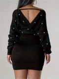 Women Beaded Casual Long-Sleeved Solid Off-The-Shoulder Dress