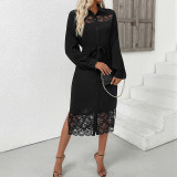 Women Autumn Long-Sleeved Lace Patchwork Shirt Dress