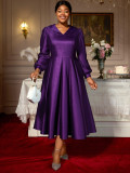 Plus-Size Women Turndown Collar Jacquard Lantern Long-Sleeved Autumn Dress