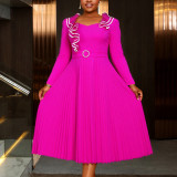 Plus-Size Women Elegant Rose Long-Sleeved Ruffled V-Neck Formal Party Pleated Dress