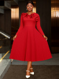 Plus-Size Women Wedding Round Neck Ruffled Long-Sleeved Pleated Red Formal Party Dress