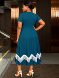 Plus-Size Women Elegant Blue Square-Neck Short-Sleeved Tassel Contrast Belt Party Dress