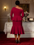 Plus-Size Women Burgundy One-Shoulder Ruffle Long-Sleeved Top Mermaid Skirt Elegant Two-Piece Suit
