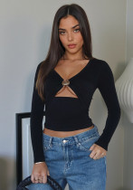 Women Short-Sleeved Cutout Print Long-Sleeved T-Shirt (Autumn Crop Top) Women Short-Sleeved Cutout Print Long-Sleeved T-Shirt (Autumn Crop Top)