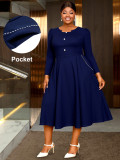 Plus-Size Women Long-Sleeved Round Neck Button Elegant Maxi Dress