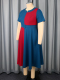 Plus-Size Women Contrast Short-Sleeved Round Neck Belt Elegant Party Dress