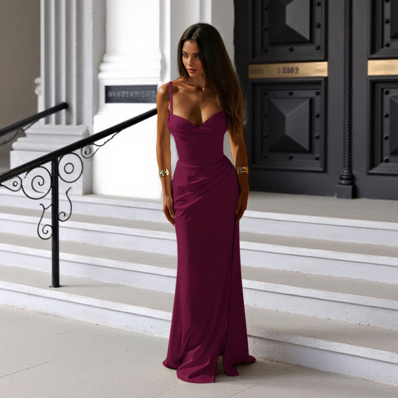 Women Autumn Strapless Slit Solid Maxi Dress