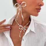 Pearl Earrings and Rice Pearl Bow Earrings and Necklace Two-Piece Set
