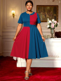 Plus-Size Women Contrast Short-Sleeved Round Neck Belt Elegant Party Dress