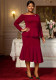 Plus-Size Women Burgundy One-Shoulder Ruffle Long-Sleeved Top Mermaid Skirt Elegant Two-Piece Suit