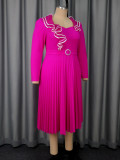 Plus-Size Women Elegant Rose Long-Sleeved Ruffled V-Neck Formal Party Pleated Dress