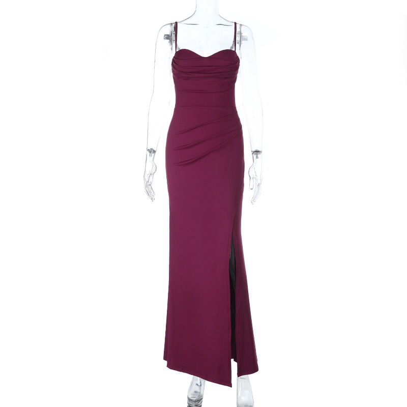 Women Autumn Strapless Slit Solid Maxi Dress
