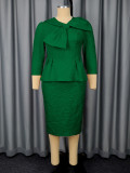 Plus-Size Women Dark Green Elegant Jacquard Bow Bodycon Dress with 3/4 Sleeves
