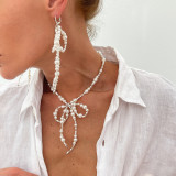 Pearl Earrings and Rice Pearl Bow Earrings and Necklace Two-Piece Set