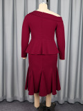 Plus-Size Women Burgundy One-Shoulder Ruffle Long-Sleeved Top Mermaid Skirt Elegant Two-Piece Suit
