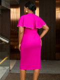 Plus-Size Women Rose Ruffle Round Neck Cape Bodycon Dress