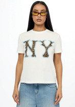 Women Round Neck Short-Sleeved Leopard Letter Print Summer T-Shirt