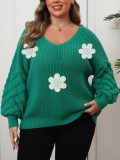 Plus Size Women's Sweater Pineapple Sleeve Patchwork Knit Shirt Floral Patchwork Pearl Embroidered Pullover Top