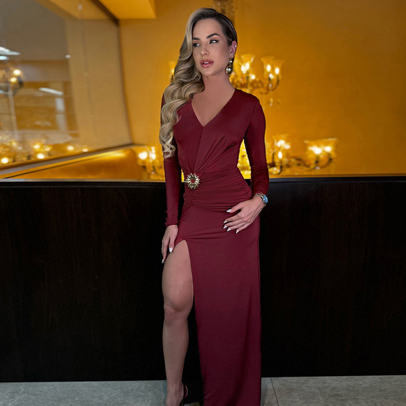 Women Sexy V-Neck Metal-Buttoned Slit Long-Sleeve Maxi Dress