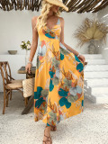 Sexy Low Back Strappy Print Summer Holidays Style Long Dress Tropical Leaf Dress