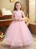 Embroidered Sequin Sleeveless Puffy Dress Girls Princess Dress Floral Mesh Long Gown