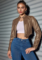 Stand Collar Slim Fit Leather Jacket Long Sleeve Short Outerwear PU Brown Biker Coat Stand Collar Slim Fit Leather Jacket Long Sleeve Short Outerwear PU Brown Biker Coat