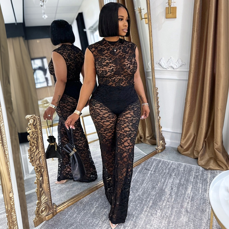Women Sexy See-Through Lace Patchwork Bodysuit, Bell Bottom, Two-Piece Set