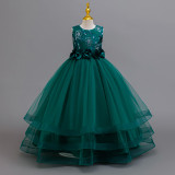 Embroidered Sequin Sleeveless Puffy Dress Girls Princess Dress Floral Mesh Long Gown