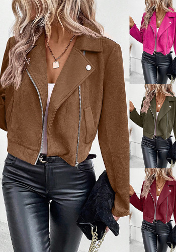 Winter Slim Fit Short Turn-Down Collar Zipper Jacket Suede Short Outerwear