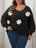 Plus Size Women's Sweater Pineapple Sleeve Patchwork Knit Shirt Floral Patchwork Pearl Embroidered Pullover Top