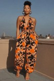 Halter Neck High Waist Print Slim Wasit Wide Leg Jumpsuit