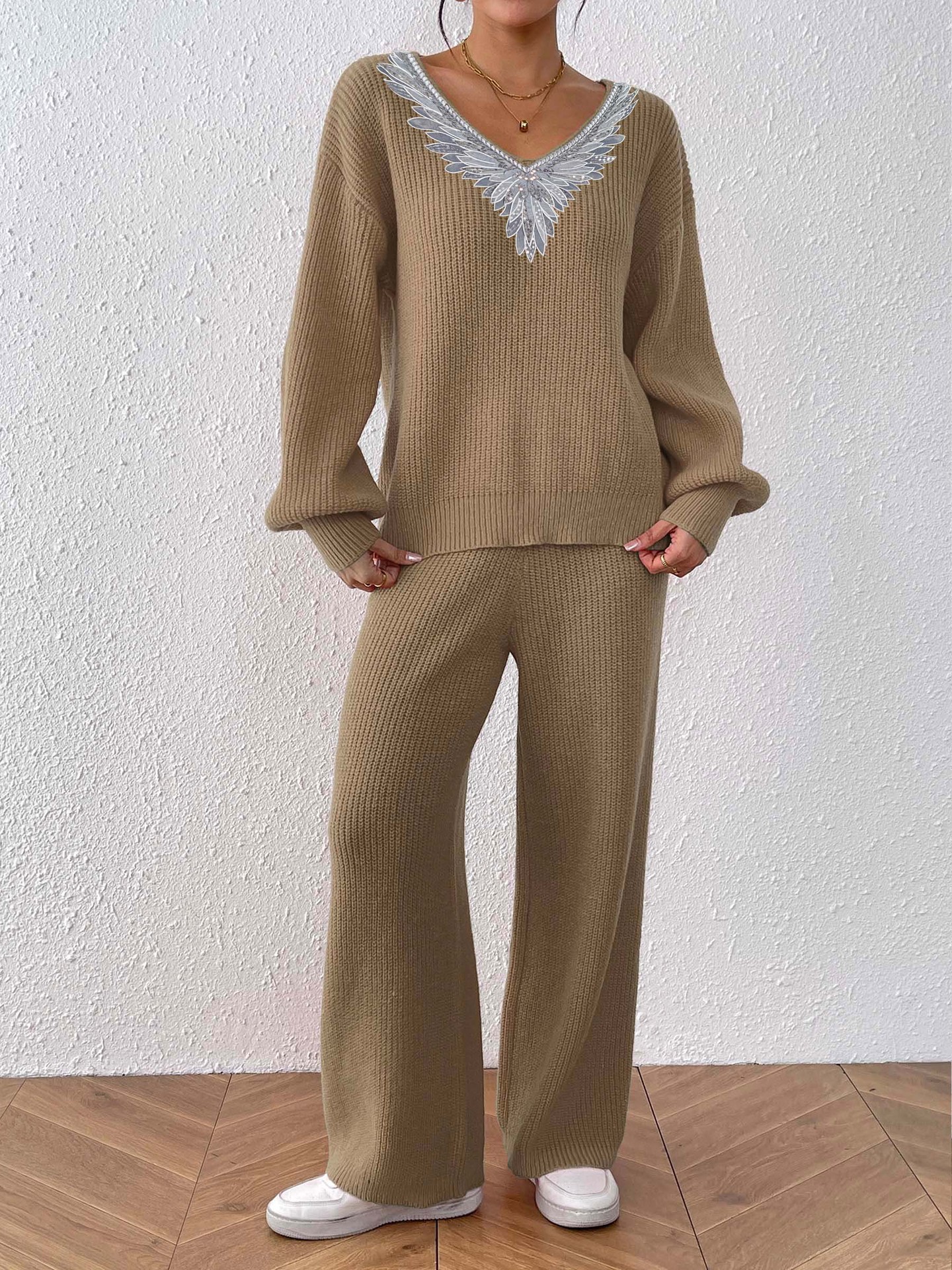 Women's Knitted V-Neck Loose Top & Solid Wide Leg Straight Pants Sweater Two-Piece Set