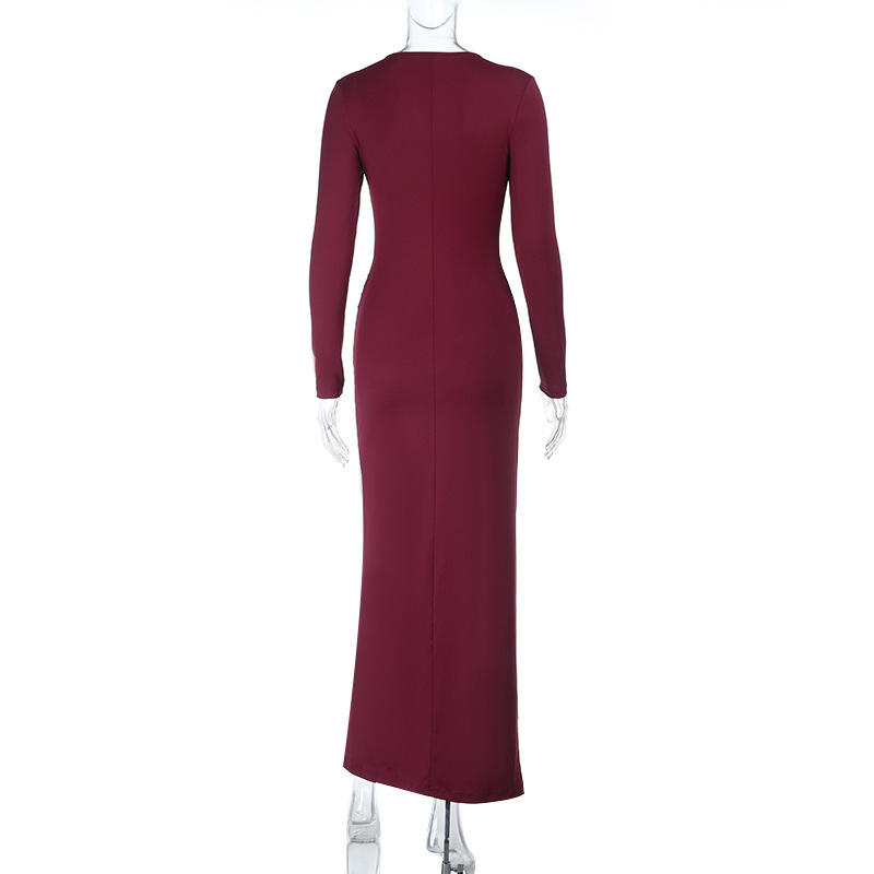 Women Sexy V-Neck Metal-Buttoned Slit Long-Sleeve Maxi Dress