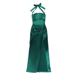 Satin Halter Neck Slit Sexy Dress Autumn Chic Long Gown
