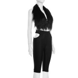 Women Autumn/Winter Halter Neck Fur Collar Backless Tie Cutout Top and Capri Two-Piece Set