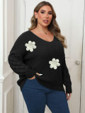 Plus Size Women's Sweater Pineapple Sleeve Patchwork Knit Shirt Floral Patchwork Pearl Embroidered Pullover Top