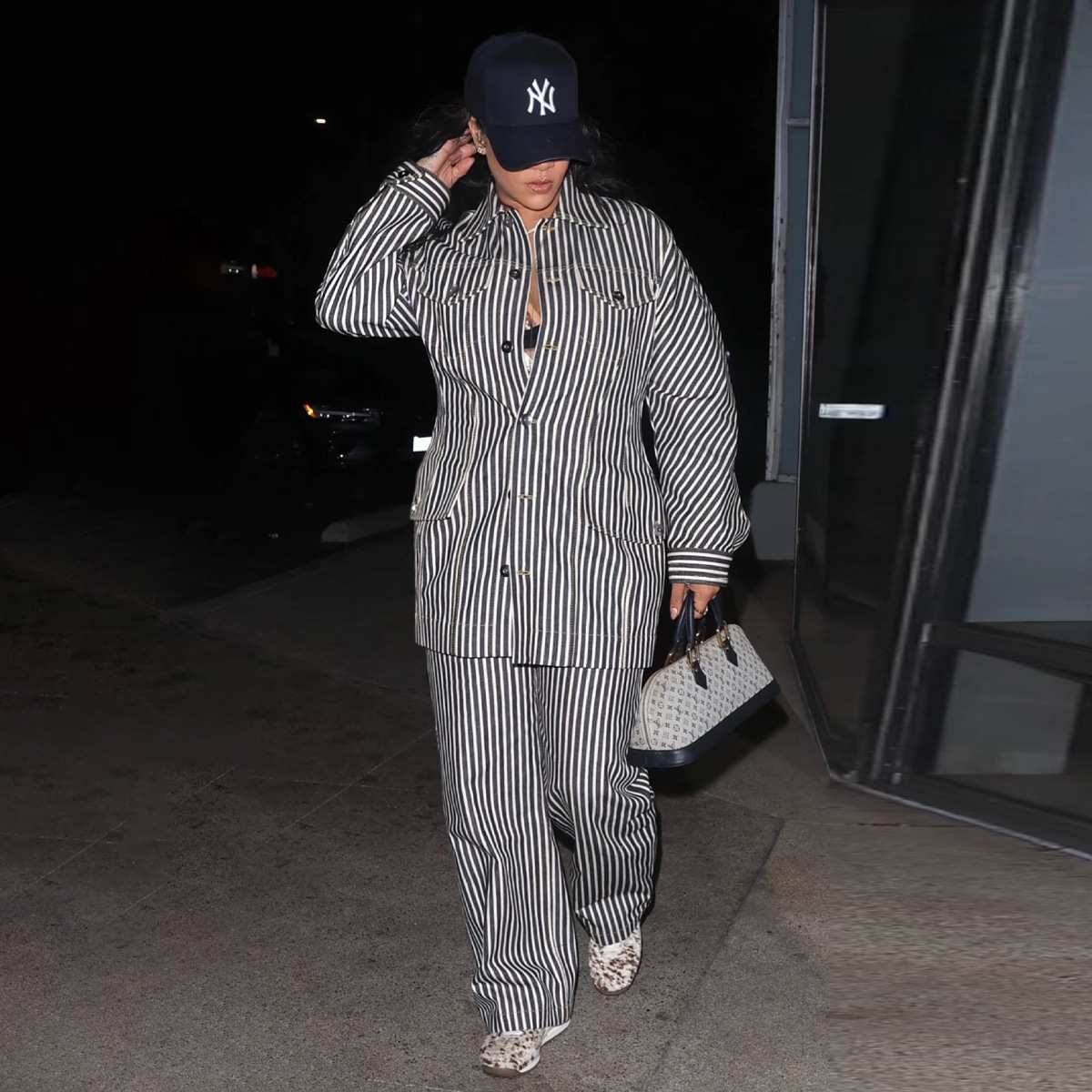 Button Stripe Long Sleeve Shirt & Wide Leg Pants Two-Piece Set