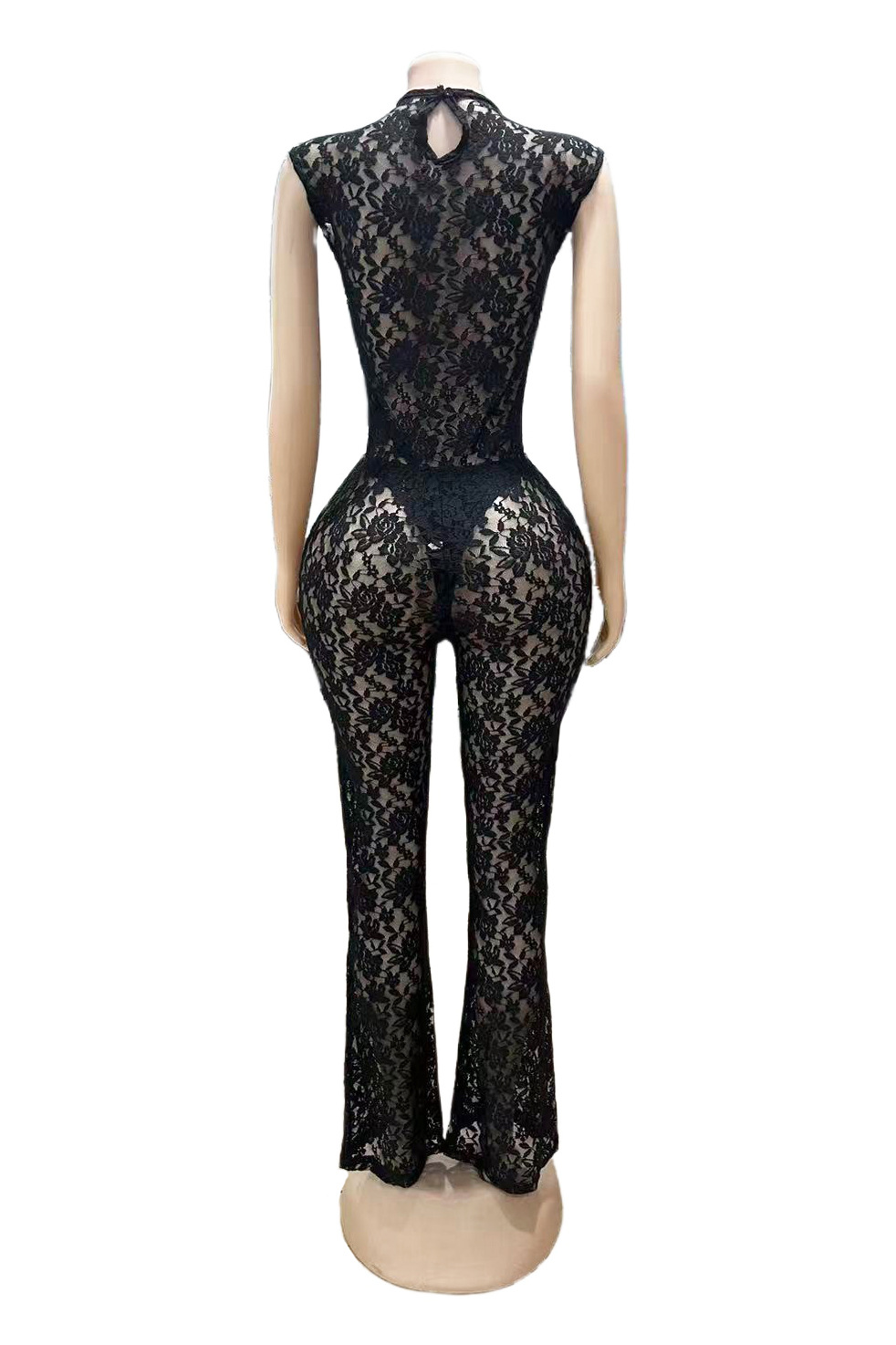 Women Sexy See-Through Lace Patchwork Bodysuit, Bell Bottom, Two-Piece Set