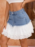 Women's Elegant Patchwork Irregular Lace Trim Multi-Layer Washed Denim Short (No Stretch)