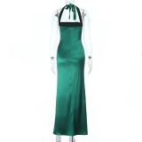 Satin Halter Neck Slit Sexy Dress Autumn Chic Long Gown