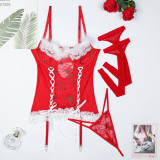 Christmas Outfit New Year Red Lace Cross Lace-Up Feather Strappy Three-Piece Lingerie Set