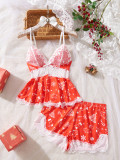 Sexy Lace Patchwork Lingerie Set Print Loungewear Two-Piece Set