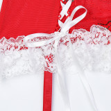 Christmas Outfit New Year Red Lace Cross Lace-Up Feather Strappy Three-Piece Lingerie Set