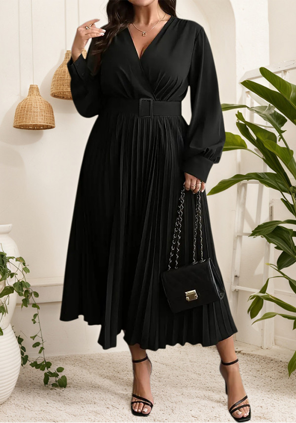 Women's Autumn Winter V-Neck Flare Plus Size Fashion Casual Belt Slim Waist Pleated Dress