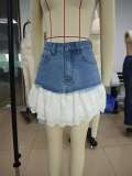 Women's Elegant Patchwork Irregular Lace Trim Multi-Layer Washed Denim Short (No Stretch)
