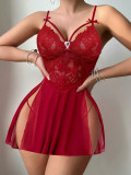Erotic Lingerie Sexy Lace Mesh Lace-up Strap Slit Nightdress