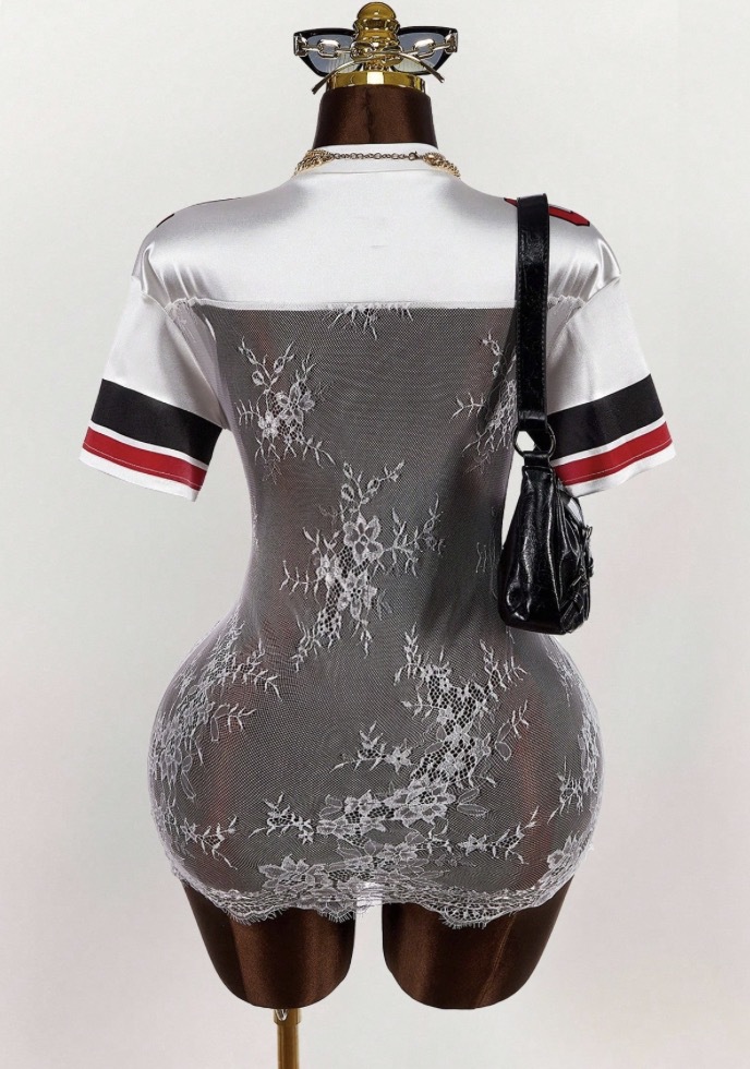 Lace See-Through Embroidered Letter V-Neck Dress for Clubwear