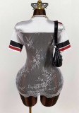 Women Sexy Lace See-Through Embroidered Letter Short-Sleeved V-Neck Dress